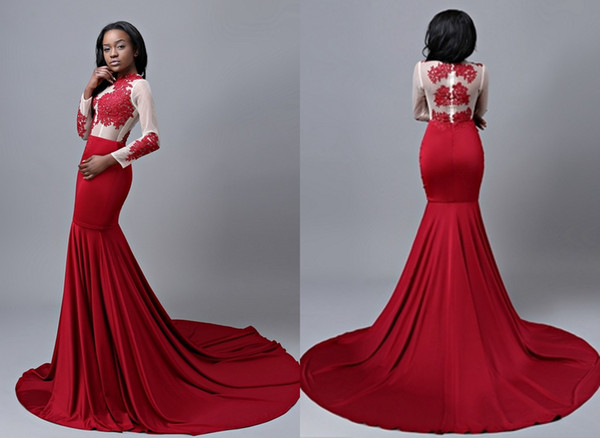 Sexy Burgundy Mermaid Pageant Evening Gowns For Plus size Women Long Sleeves Lace Applique Satin Prom Formal Dresses