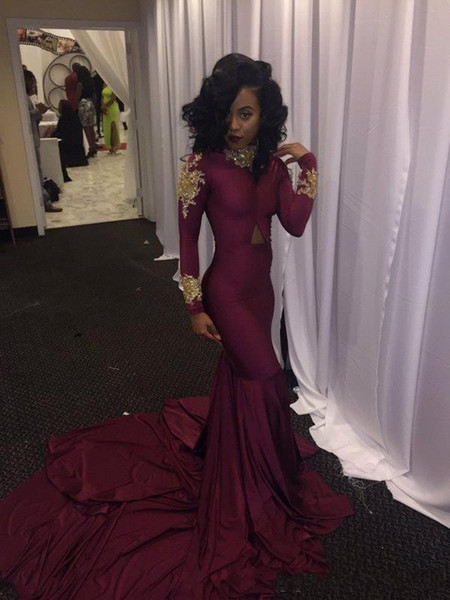 Gold Applique Lace Mermaid Pageant Evening Dresses High Neck Long Sleeves Sequin Beaded Satin Ruched African lace Black Girls Prom