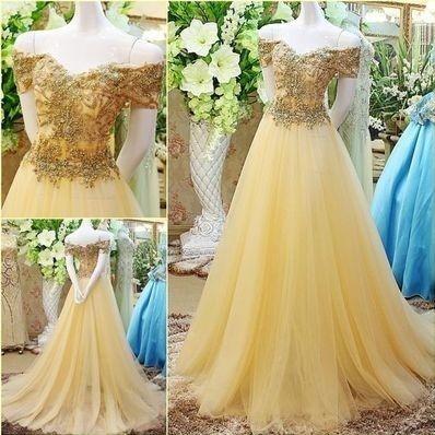 New Yellow Off Shoulder Pageant Dresses Party Dress Gold Applique Beaded Empire Waist Princess Prom Dress Formal Evening Gowns