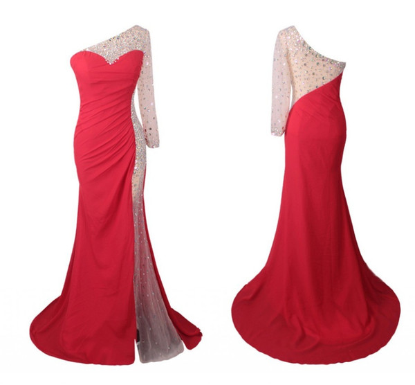 Real Photo Red Mermaid Pageant Dresses One shoulder with Long Sleeve Crystal Chiffon Side Slits Evening Prom Dress Gowns Sexy Cheap