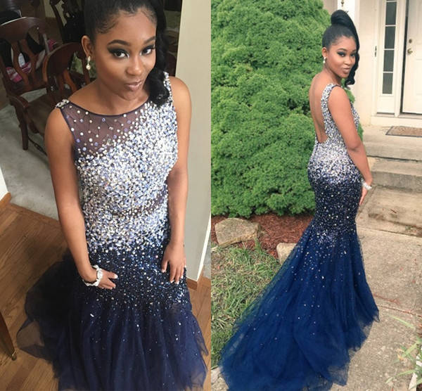 Sexy Navy Blue Pageant Prom Dresses For Black Girls Sheer Neck mermaid Tulle Sparkly Crystal Backless Long Cheap Evening Formal Dresses
