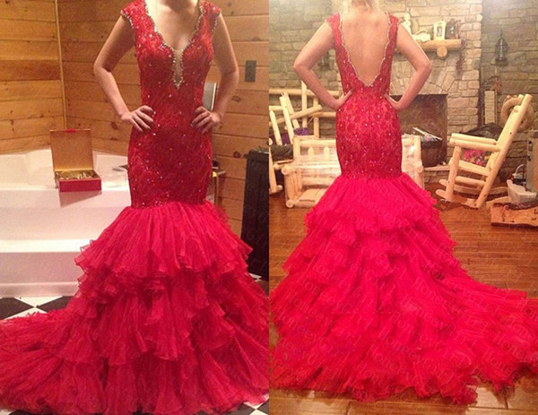 Sexy Red Deep V neck Mermaid Pageant Dresses Lace Ruffles Organza Beaded Sequins Open Back Long Prom Evening Formal Dress Plus size Cheap
