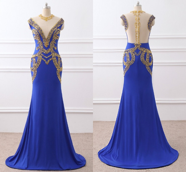 Stunning Gold Crystal Beaded Pageant Dress Evening Formal Gowns Long Mermaid Chiffon Sheer Neck Hollow Back Cheap Prom dress Long