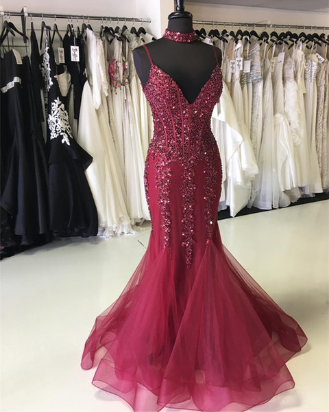 Sparkly Burgundy Mermaid Pageant Prom Dresses Long With Spaghetti Straps Beaded See through Waist Tulle Cheap Evening Formal Dress