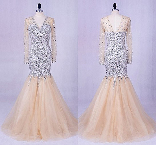 Champagne V neck Backless Pageant Evening Dresses Mermaid Long Sleeve Illusion Crystal Rhinestones Bodice Long Cheap Prom Formal Dress