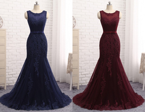 Sexy Mermaid Pageant Dress Navy Burgundy Sheer Neck Tulle Applique Lace Hollow Back Formal Prom Evening Dress Cheap Long New