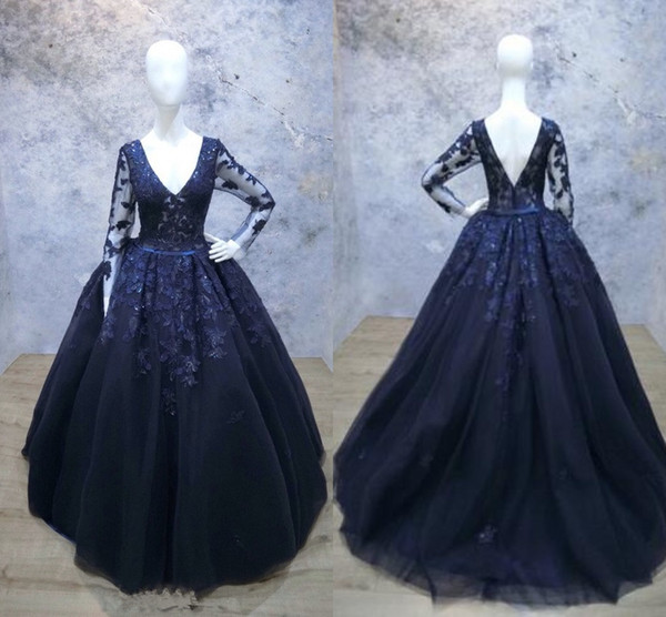 Navy Blue Ball Gown Pageant Dresses V neck With Long Sleeves Tulle Applique Sequin Illusion Quinceanera Prom Dresses Cheap Long