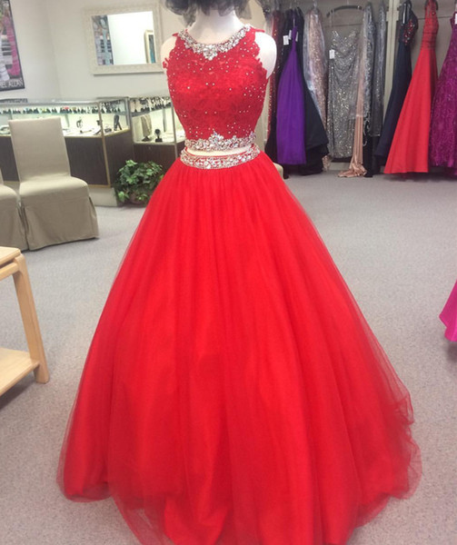 Fashion Red Cheap Pageant Dresses Two Pieces Beaded Jewel Applique Lace Tulle A line Hollow Back Crystal Sequin Prom Evening Dresses Gowns