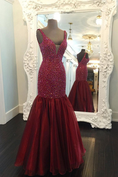 Burgundy Sexy V neck Pageant Dresses Crystal Bodice Sparkly Designer Mermaid Organza Open Back Cheap Prom Evening Dress Formal Gowns