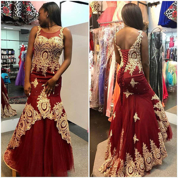 Stunning Burgundy With Gold Appliques Pageant Prom Dresses Mermaid Jewel Sheer Neck Backless Corset Celebrity Evening Formal Gown Dress