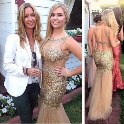 Modest Champagne Mermaid Pageant Prom Dresses Backless With Straps Gold Crystal Rhinestones Beaded Tulle Celebrity Evening Formal Gowns