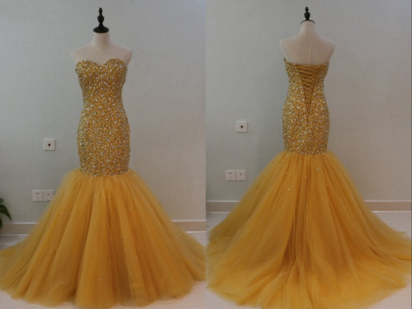 Luxury Gold Mermaid Pageant Dresses Long Sweetheart Crystal Rhinestones Bodice Tulle Corset Back Evening Formal prom Dress Cheap New
