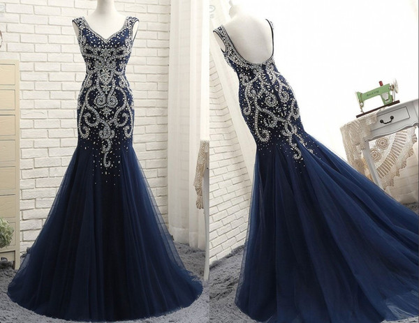 Luxury Mermaid Pageant Evening Dresses Crystal Beaded Tulle Cap Short Sleeves Dark Blue Designer Prom Formal Dress Plus size