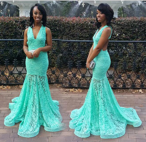 Black Girls Pageant Prom Dress Mermaid Sexy V neck Lace Bodice Keyhole Back Designer Aqua Blue Evening Party Formal Dress Gowns
