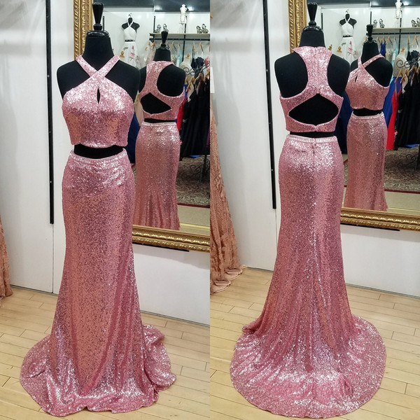 Unique Designer Cheap Pageant Dresses Mermaid Sequined Dress For Women Keyhole Back Two Pieces Evening Formal Dress Gowns Custom-made