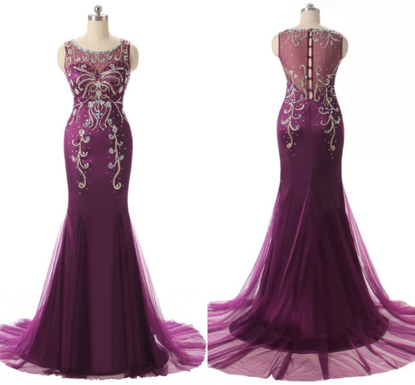 Luxury Sequin Crystal Mermaid Pageant Prom Dresses Long Sheer Neck Hollow Back With Button Tulle Long Evening Formal Gowns Cheap 