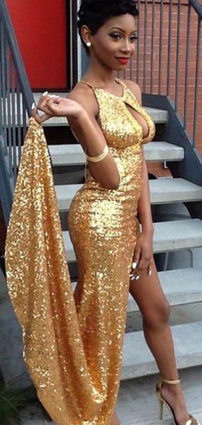 Glittering Gold Sequin Dresses Black Girl Prom Dress Unique Neck Side Slit Designer Cheap Long Sheath Evening Pageant Gowns New