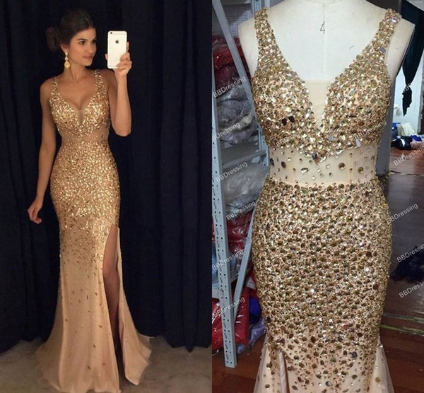Stunning Gold Crystal Cheap Pageant Dresses Sheath See Through Waist Designer Side Splits Chiffon Long Prom Dresses Gowns