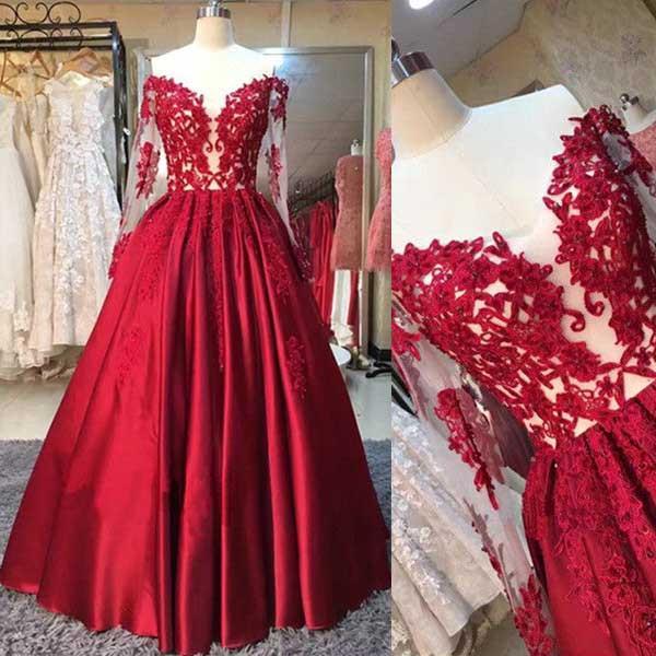 Red V neck Off shoulder Designer Pageant Dress Cheap Long Illusion Sleeves Lace A line Princess Prom Formal Evening Dresses Gowns