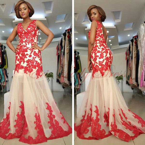 Sexy V neck Backless Pageant Dresses Red Champagne long Lace Cheap Designer Mermaid Tulle Applique Prom Evening Dress Gowns