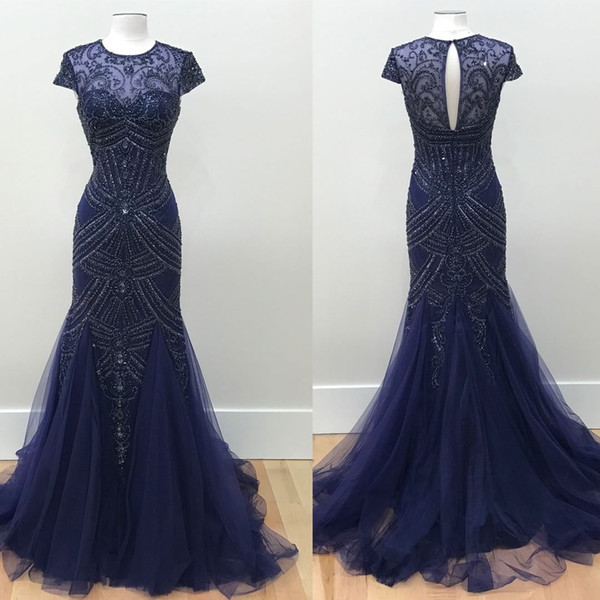 Amazing Bead Pageant Dress Jewel Sheer Neck Short Sleeve Mermaid Long Prom dresses Evening Formal Gowns Hollow Back Designer Expensive