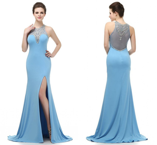 Elegant Ice Blue Jersey Sheer Pageant Prom Dresses Mermaid Rhinestones Chiffon Split Evening Wear Dress Formal Gown Cheap