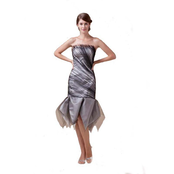 Elegant Ladies Tea Length Strapless Cocktail Dress Zip Back Good Quality Black Tulle Birthday Party Dress
