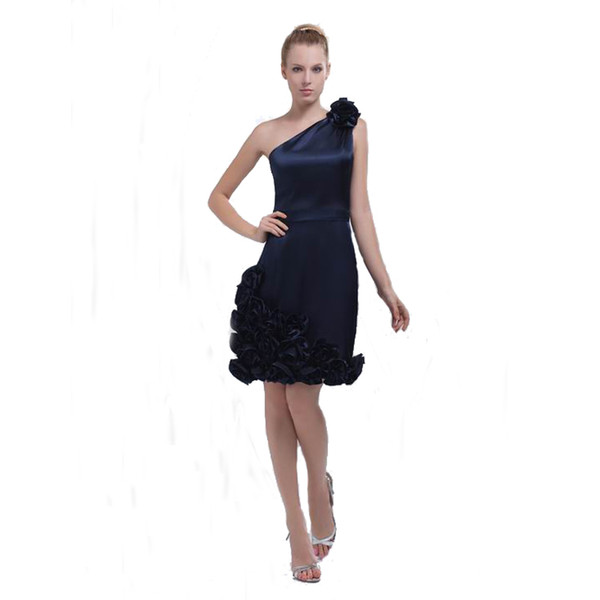 Competitive Price Navy Blue Ladies Party Dress Above Knee Length One Shoulder Sheath Design Short Dress With Handmade Flowers