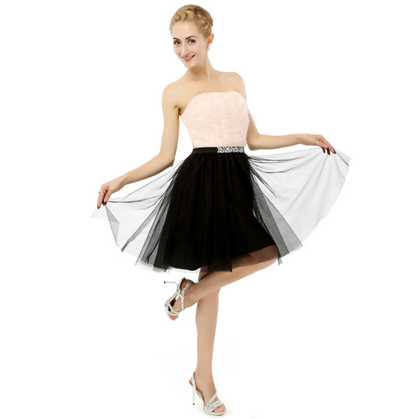 Sweety Ladies Party Dress Knee Length A-line Style Black Tulle Beaded School Girls Dress 2017 Collection