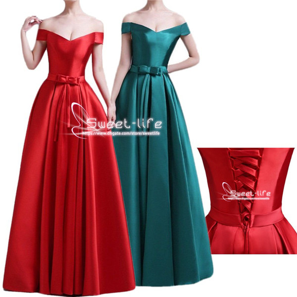 Long Vintage Satin Red A-Line Off Shoulder Bow Formal Evening Dress Backless Party Dresses Nightgown Lace-Up Ball Gowns
