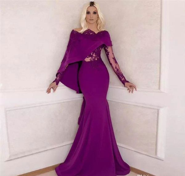Purple Lace Mermaid Prom Dresses Long Sleeves Bateau Neck Vintage Evening Gowns Vestidos De Fiesta Floor Length Formal Party Dress with Cape