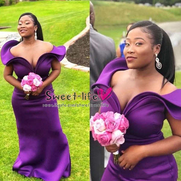 Long Deep Purple Sheath V-Neck Dress Ruffles Off Shoulder Sleeveless Mermaid Prom Party Ball Gowns Sexy Evening Dresses