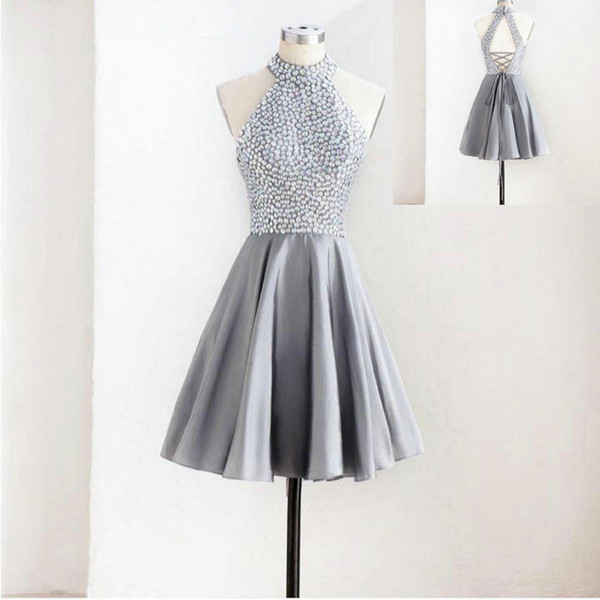 Sequin dress New Crew Neck Lace Knee Length Cocktail Dresses Organza Lace Applique Beaded Short Party Evening Gowns 364