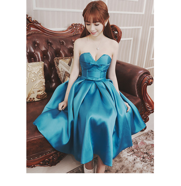 Stunning Blue Party Dresses Satin Prom Gowns Elegant Sweetheart Lace-up with Zipper Back Cocktail Dresses Cheap