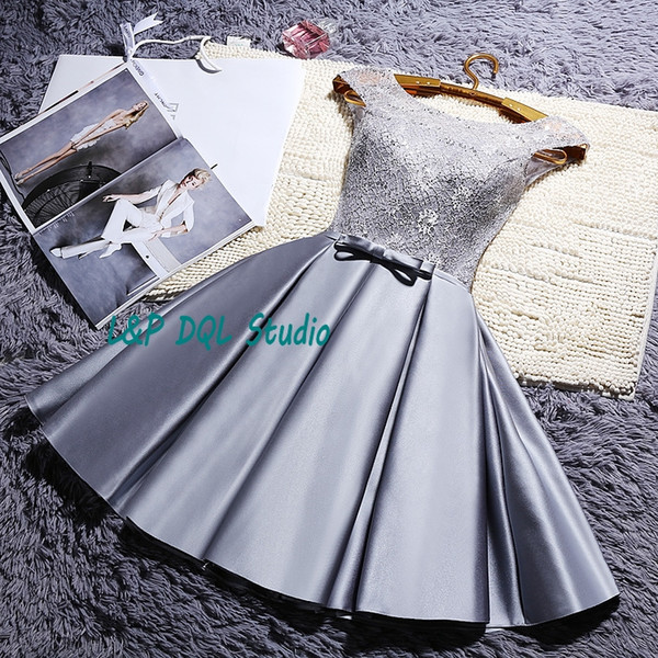 Silver Gray Party Dresses 2017 New Arrival Real Photos Satin with Lace Prom Gowns Knee-Length Red,Royal Blue,Champagne,Red Cocktail Dress
