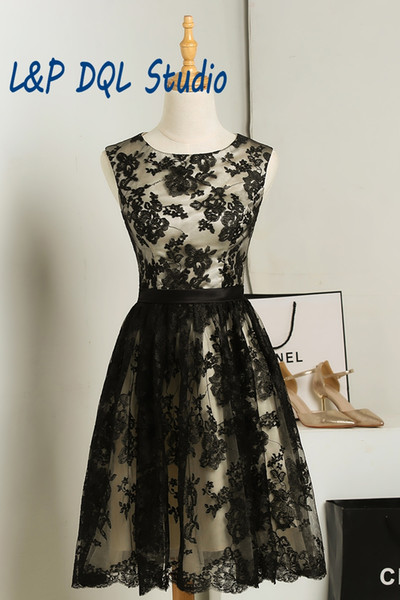 Elegant Black Lace Party Dress Scoop Zipper Back Knee-length Short Cocktail Dresses Summer Floral Lace Party Gowns Cheap