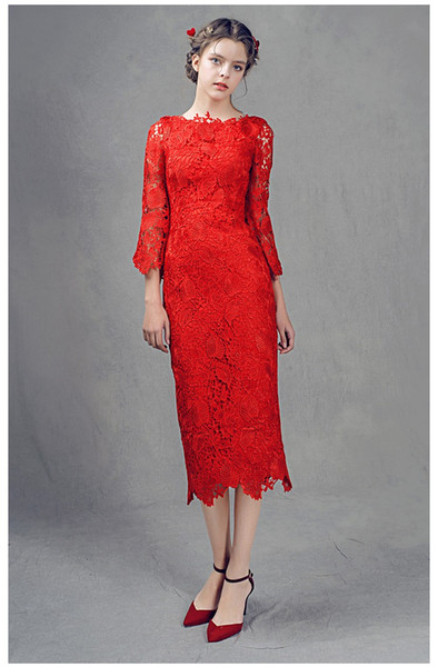 Elegant Lace Party Dresses Tea-Length Cocktail Gowns 3/4 Long Sleeves 2017 Summer Style Cocktail Gowns Cheap