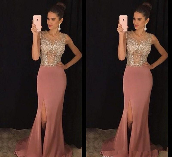 Pink Side Split Evening Party Gowns Mermaid Long Sheer Jewel Neck Sequins Prom Pageant Gowns for Arabic Women Crystals Beaded Formal M28