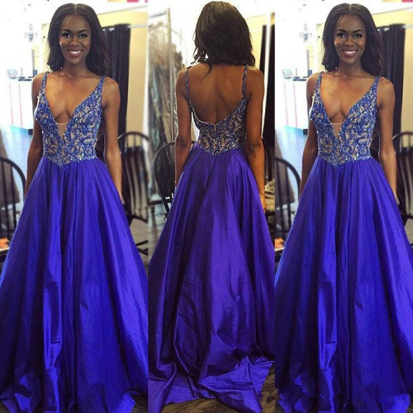 Hot Sexy Royal Blue Prom Dresses Deep V Neck Sleeveless Satin Evening Dresses A Line Formal Party Dresses Mermaid Evening Gowns Spring M14