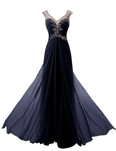 Fall Chiffon V-Neck A Line Navy Blue With Beads Bodice Formal Party gown Evening Dresses In High Quality