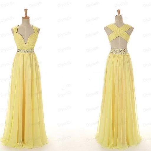 New Pleat Sexy V-Neck Criss-Cross Back Yellow Chiffon Formal Evening Party Dresses Show in Real Pictures