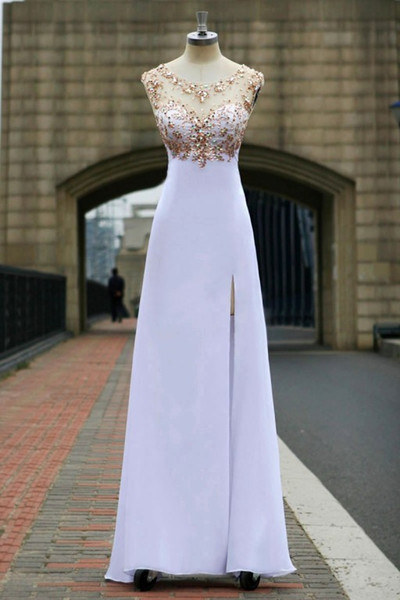 Summer New Style Crystal and Beads Bodice See Through Neck Slit Skirt Chiffon White Formal Party Dresses Prom Gown