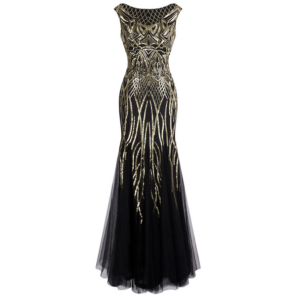 Angel-fashions Women's Pattern Sequin Bateau Cap Sleeve Flapper Mermaid Evening Dress Party Dresses Prom Gown Black Gold 377