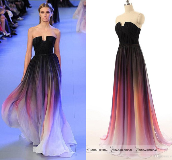 Elie Saab 2015 In Stock Long Party Dresses Sexy Gradient Color Ombre Strapless Backless Chiffon Cheap Evening Gowns Bridesmaid Prom Dresses