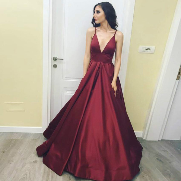 Simple Spaghetti Straps Party Dresses Satin Ball Gowns Burgundy V-Neck Prom Dress Evening Graduation Dress Homecoming Robe De Soiree