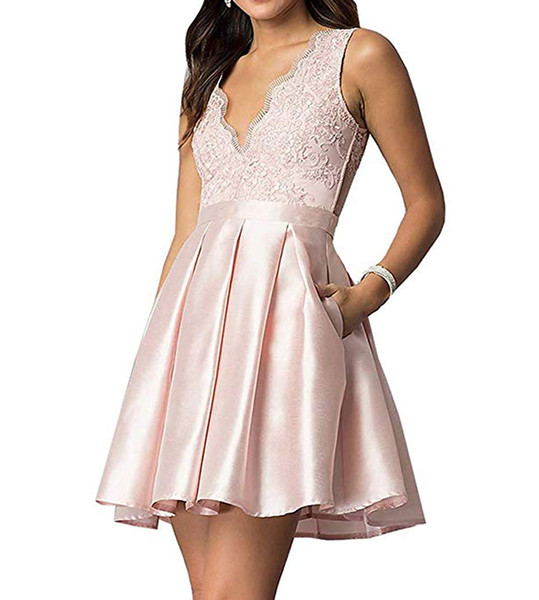 Lace Applique Homecoming Dress Sleeveless V-Neck Cocktial Dresses Short Satin Party Dresses with Pockets