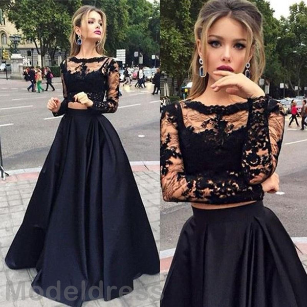 New Two Pieces Lace Party Dresses Sheer Neckline Long Sleeves Appliques Long Satin Black Evening Party Dress Special Occasions Gowns Cheap