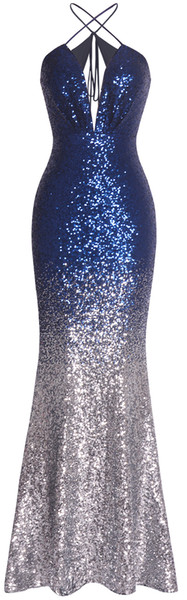 Fazadess Women's Deep-V Neck Sequin Backless Flapper Mermaid Long Prom Evening Party Dress