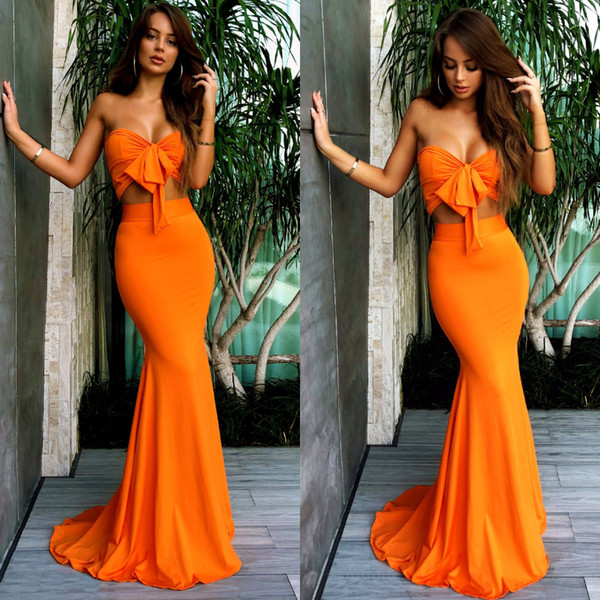Sexy Mermaid Prom Party Dresses Long Bohemian Women Party Wear Orange Summer Beach Boho Holiday Cocktail Dress Cheap F8309