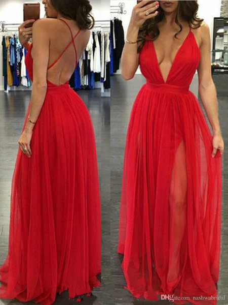 Sexy Tulle Formal Evening Gowns Prom Dresses Deep V-Neck Sleeveless Criss-Cross Backless Split Side Long Party Gowns Custom Made